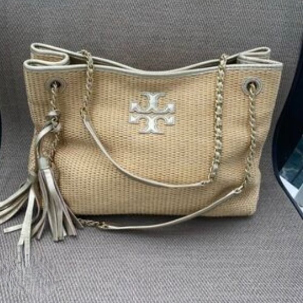 Tory Burch Woven Shoulder Bag Purse Tote Gold Accents Tassels Natural - Picture 13 of 15